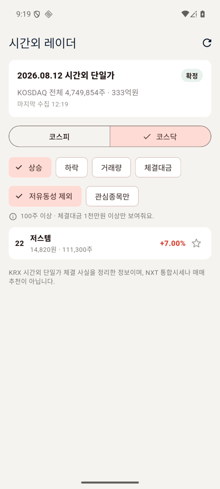 시간외 레이더 앱 코스닥 상승 화면. 저유동성 제외 필터를 켜면 조건을 넘긴 종목만 남아 목록이 한 줄까지 줄어들 수 있다.